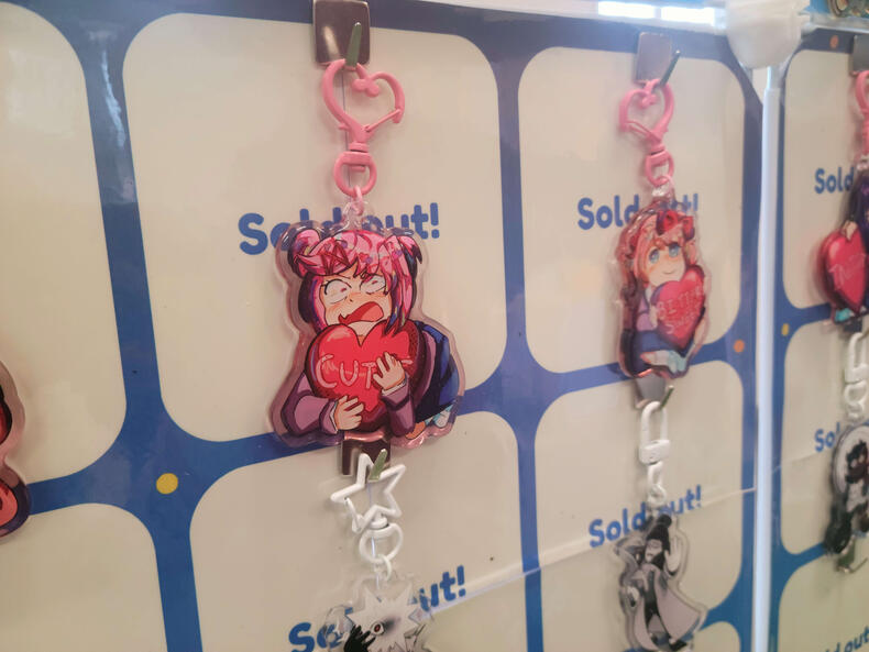 Doki Doki Literature Club Keychains displayed while tabling
